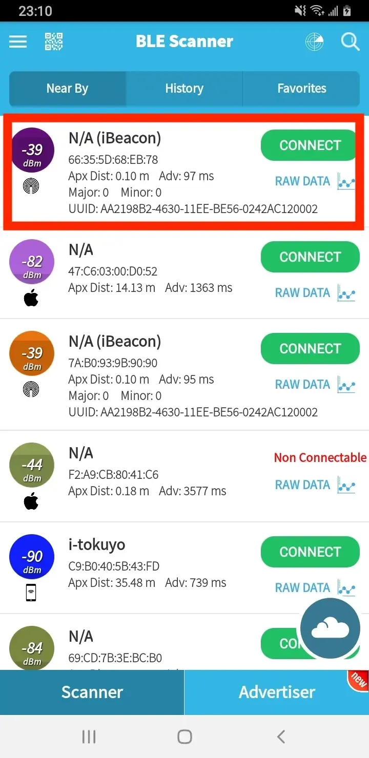 Find the Bluetooth device with the highest dBm value