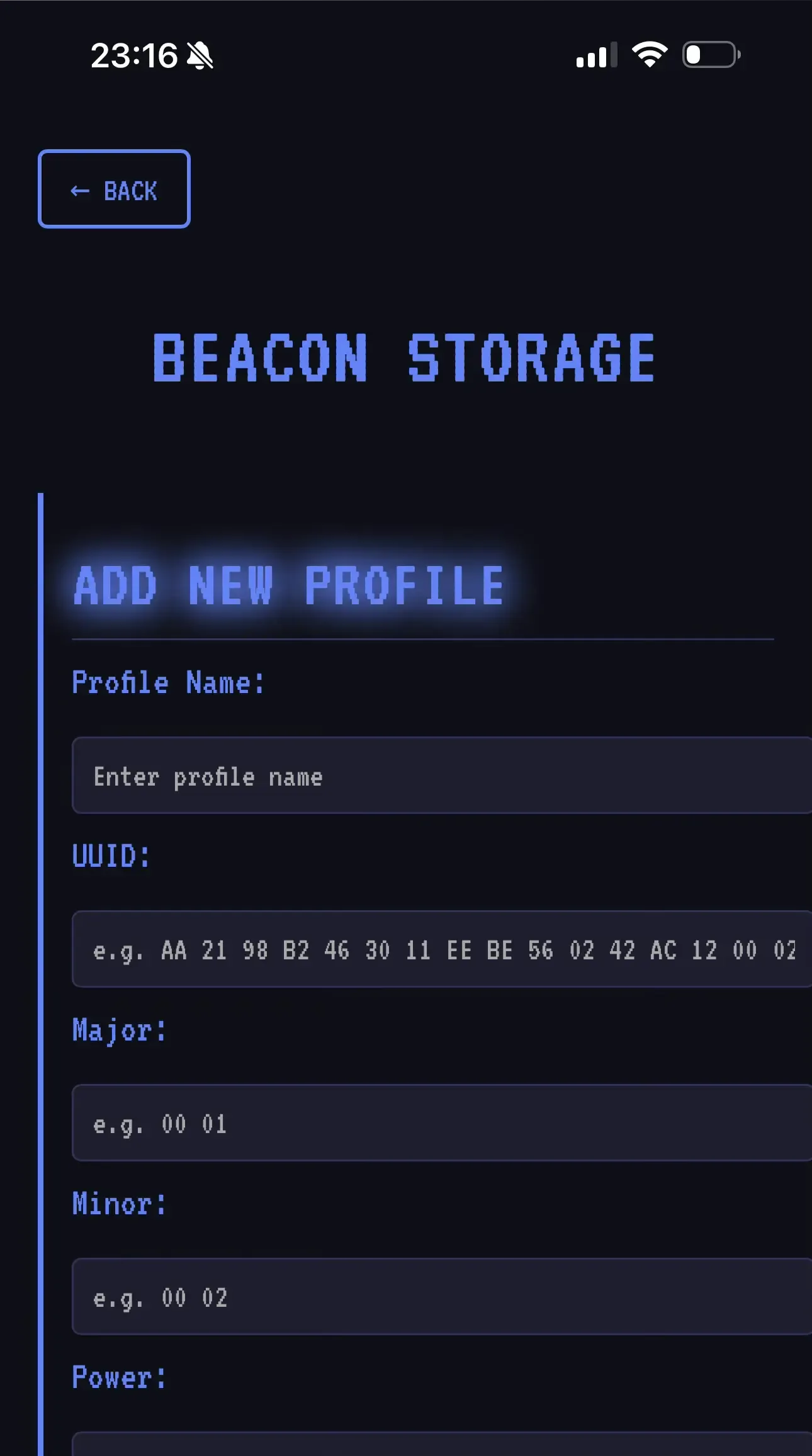 Enter Bluetooth beacon information in the BEACON STORAGE page of HackMaster Pi